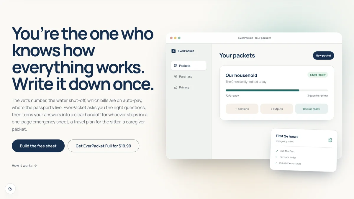 EverPacket homepage showing the household packet dashboard and a first 24 hours emergency handoff.