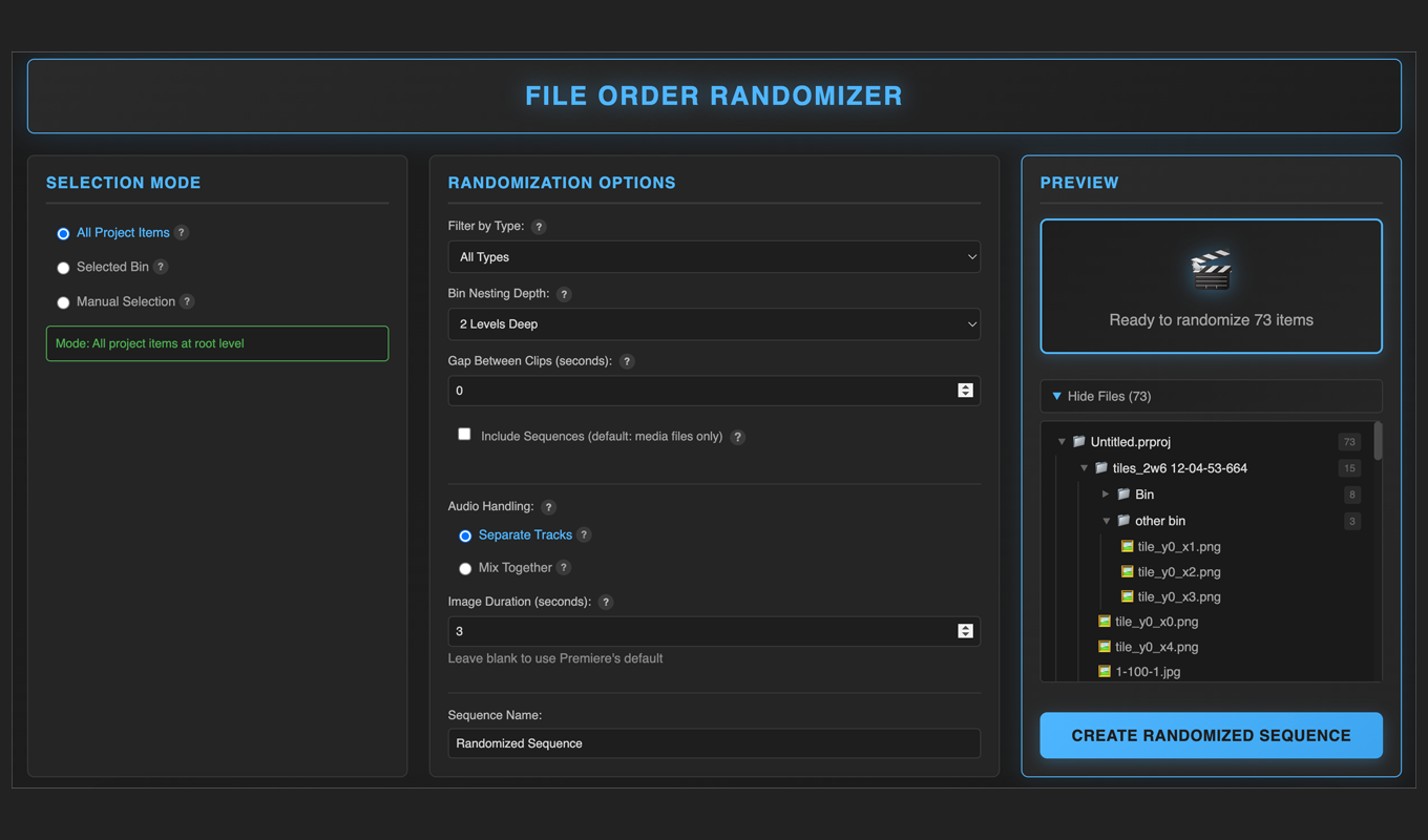 File Order Randomizer demo in Premiere Pro timeline